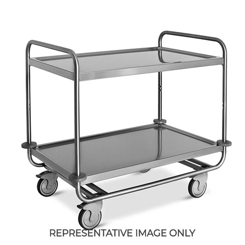 Carrello inox portata 200 kg, 2 piani stampati cm 80x50, svuotarifiuti, ruote elastiche, 2 frenate