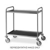 Carrello inox saldato, 2 piani stampati cm 100x50, svuotarifiuti, ruote elastiche, 2 frenate