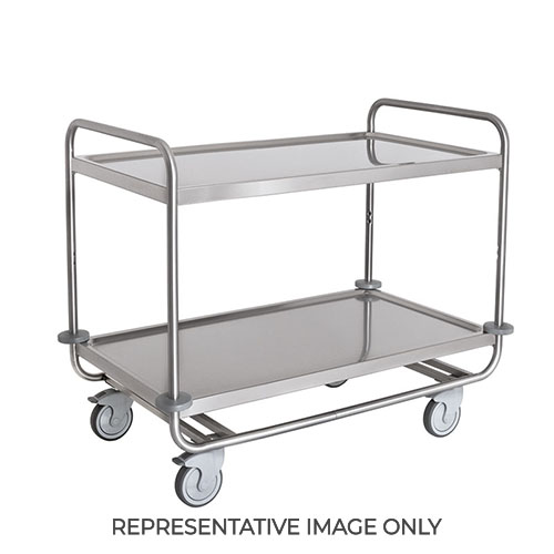 Carrello inox portata 200 kg, 2 piani stampati cm 100x60, svuotarifiuti, ruote elastiche, 2 frenate