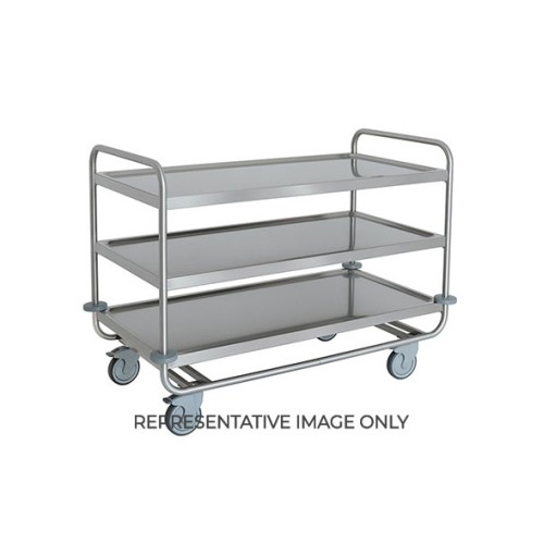 Carrello inox portata 200 kg, 3 piani stampati cm 120x60, svuotarifiuti, ruote elastiche, 2 frenate