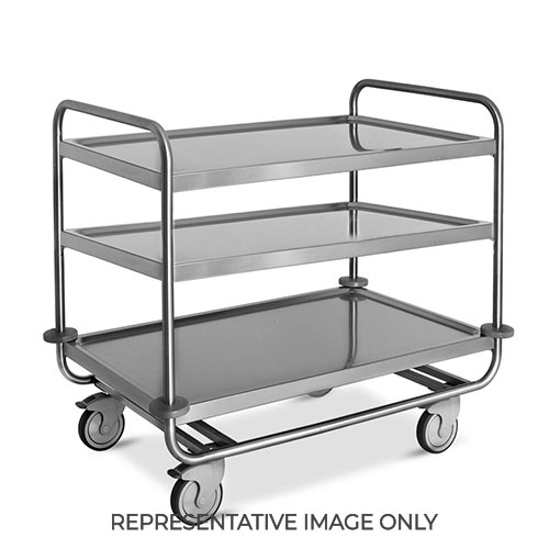 Carrello inox portata 200 kg, 3 piani stampati cm 80x50, ruote elastiche, 2 frenate