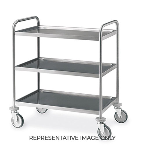 Carrello inox saldato, 3 piani stampati cm 80x50, svuotarifiuti, 2 ruote frenate