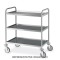 Carrello inox saldato, 3 piani stampati cm 80x50, svuotarifiuti, ruote elastiche, 2 frenate