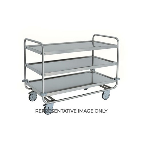 Carrello inox portata 200 kg, 3 piani stampati cm 100x50, svuotarifiuti, ruote elastiche, 2 frenate