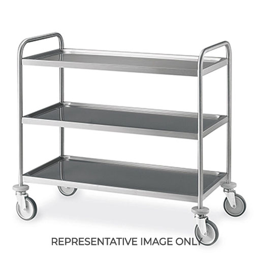 Carrello inox saldato, 3 piani stampati cm 120x60, svuotarifiuti, 2 ruote frenate